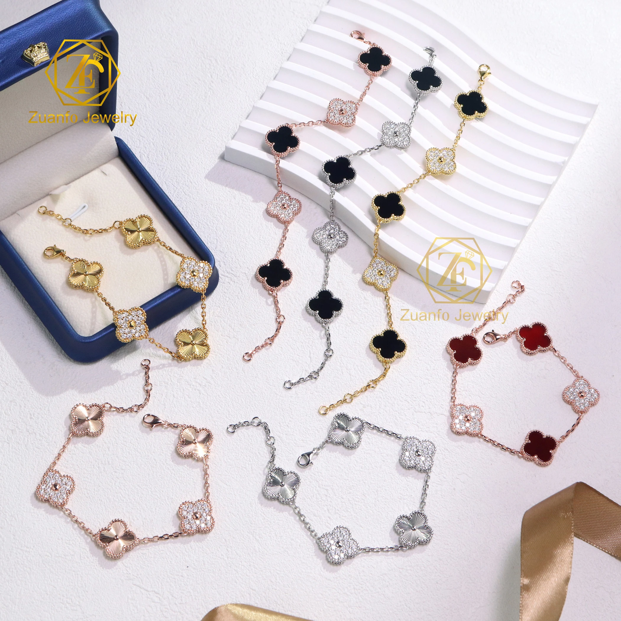 Manufacturer D VVS1 Moissanite S925 Silver Jewelry Set Onyx Link Chain Bracelet Femme Four Leaf Clover Bracelets Women Man