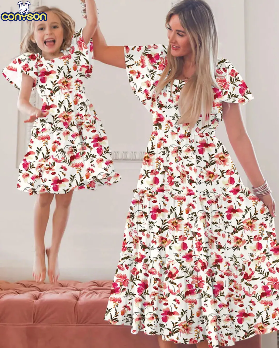 Conyson Hot Sale Summer Comfortable Dress Square Collar Fashion Print with Bind Ruffle Sleeve for Mommy and Girls Family Outfit