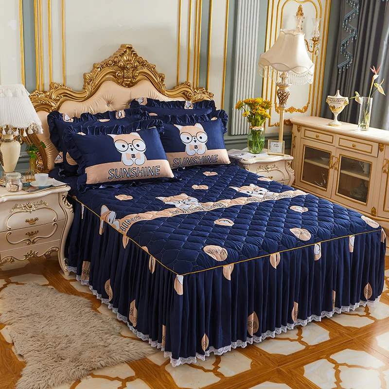 wholesale 3pcs Printed polyester cotton skirt quilted queen king size luxury Bedding Sets Bed sheet