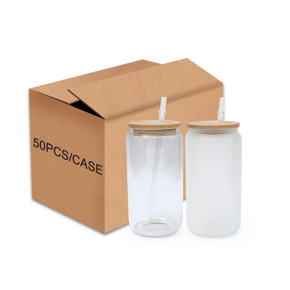 Hot Sale US Warehouse Frosted clear beer can Shaped Soda glass 12oz 16oz with bamboo lid and straw wholesale