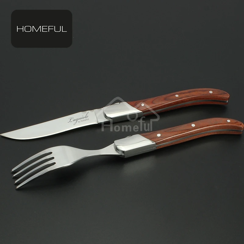 luxury pakka woodhandle stainless steel flatware set steak knife set with laguiole table steak knife fork