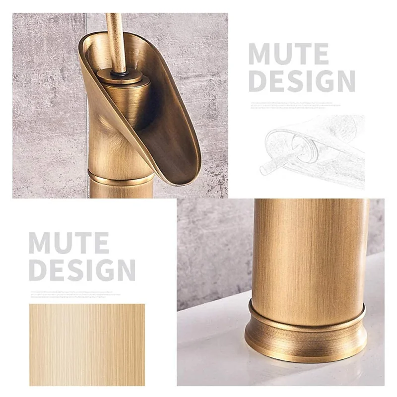 Copper Glass Water Tap Waterfall Spout Single Lever Hot and Cold Water Sink Faucet Antique Brass Bathroom Basin Faucet