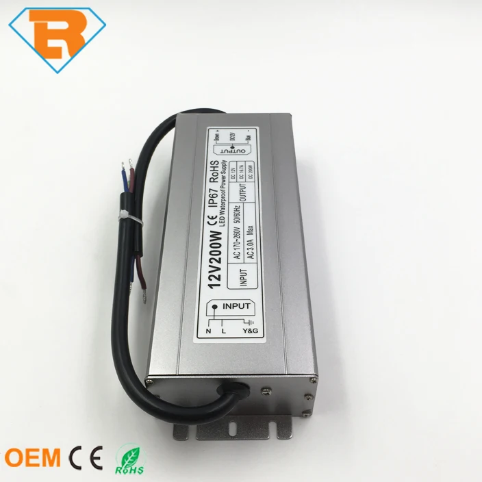 IP67 Iron Shell Waterproof LED Power Supply 200W AC170V-AC260V to DC12V DC24V for led strip led module lighting