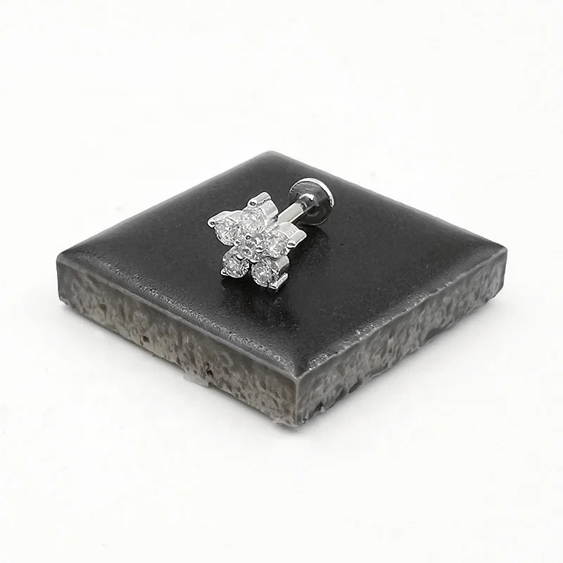5pcs/lot 925 Silver Internally Thread Labret Lip Studs Rings CZ Ear Cartilage Tragus Helix Piercing  Body Jewelry 16G