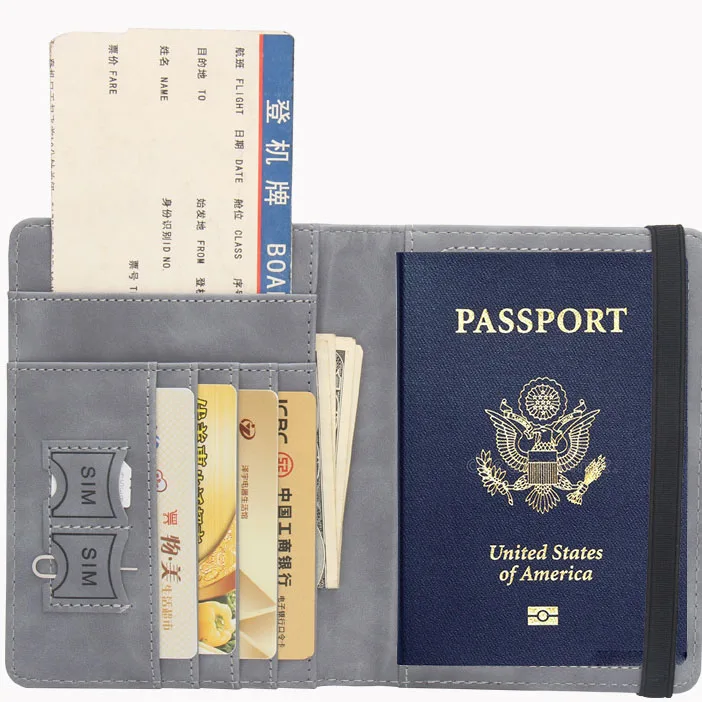 World map ticket holder with antimagnetic RFID multi-card slot leather compass passport book elastic band passport holder