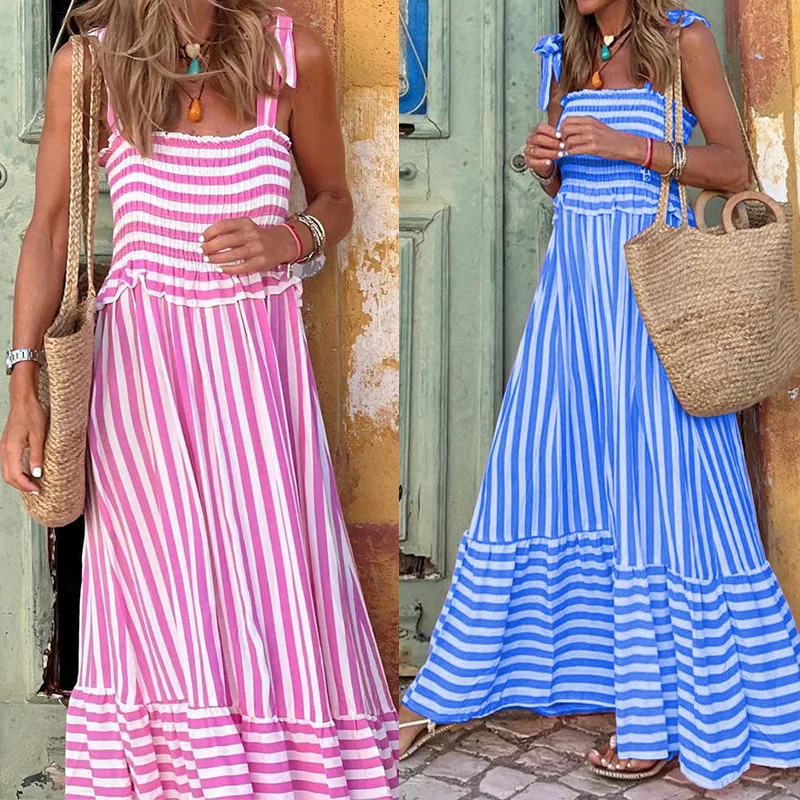 Factory custom designer lady high quality fashion summer female striped clothes women dress 20224