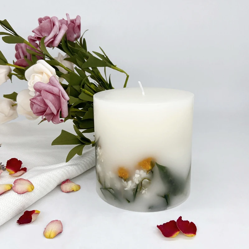 Wholesale Custom Label Craft Scented Pillar Candles with Natural Dried Flowers