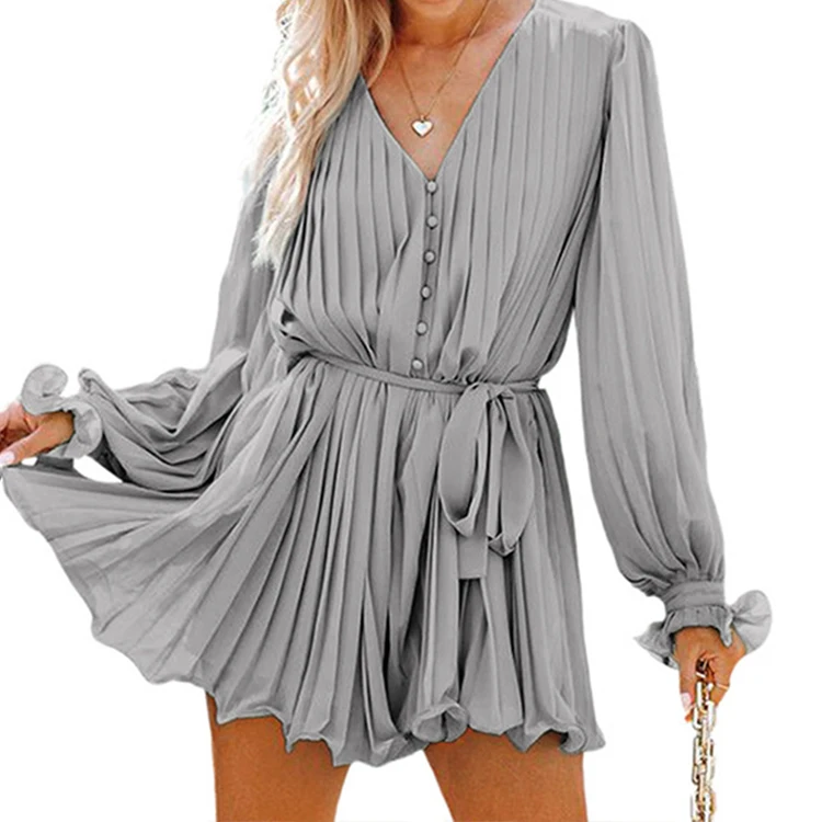 Fashion Casual Women Solid V-neck Long Sleeve Knee Length Pants Autumn Strap Waist Dress