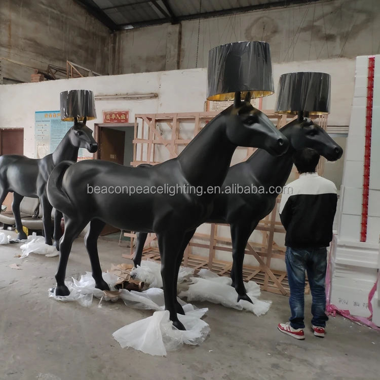 Hotel Home Black Horse Lamp Decoration Lighting Large Resin Statue Standing Light Sculpture Floor Lamp