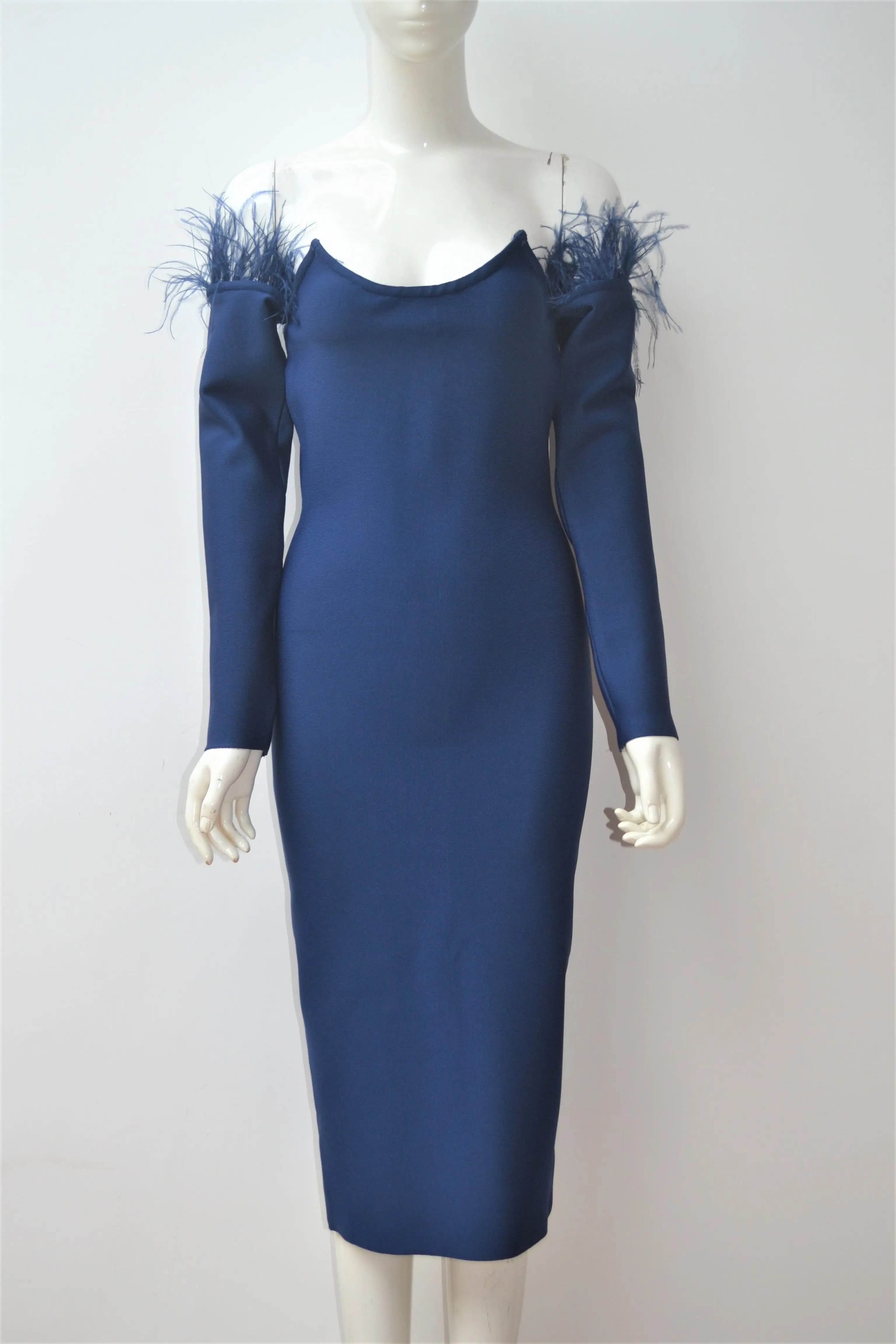 Ladies Party Knitted Dress Blue Feather Long Sleeves Midi Dress Sexy Off shoulder Bandage dress