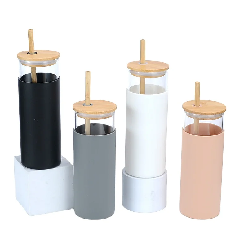 Custom Logo 16oz Borosilicate  Juice Glass Water Cup Mug Tumbler Bottle with Straw Silicone Sleeve and Bamboo Lid