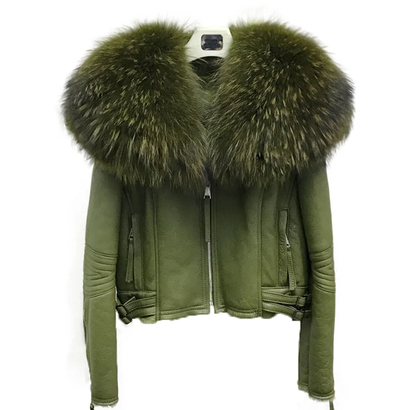 Women luxury leather jackets real fox raccoon fur overcoat big fur collar winter jackets