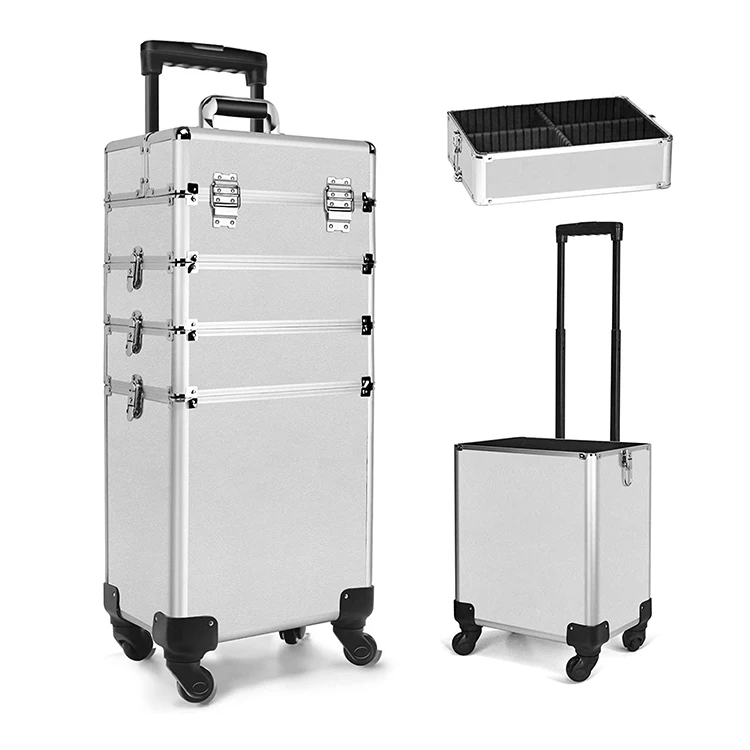 4 in 1 Rolling Makeup box Trolley Cosmetic train case for Make up,Nail Tech Students Barber case with Wheels and keys