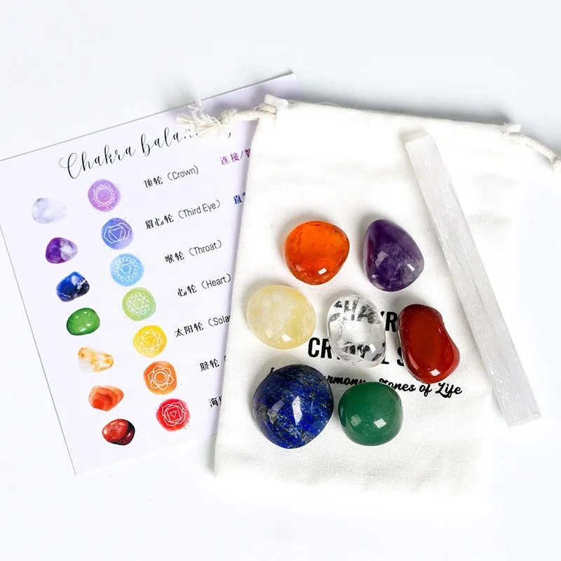 7pcs Natural Crystal Rolling Stone Chakra Set Selenite Board Energy Transmission Healthy Quartz Chakra Yoga Gem kit