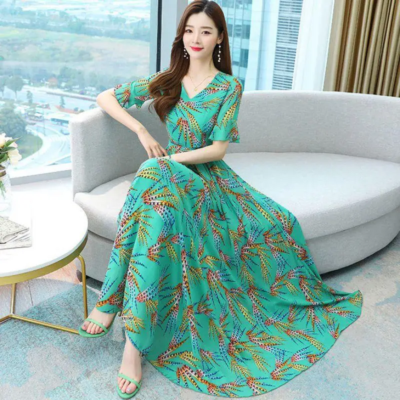 2023 Design Women Chiffon Holiday Beach Dress Long Sleeve Deep V-Neck Sex Irregular Rainbow Ruffles Ladies Dresses Maxi