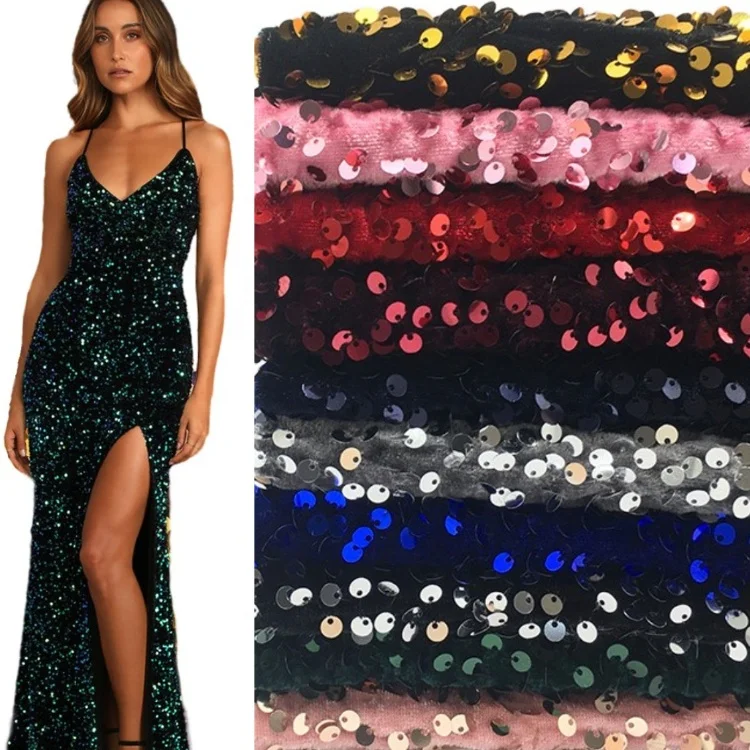 In Stock 37 colors 5mm large Shiny Multi-color Holographic 100Polyester Stretch Embroidered Sequin Velvet Fabric for Dress