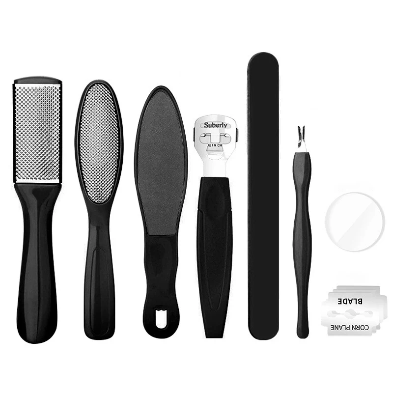 8pcs Black Blue Pedicure Set Calluses Foot Scrubbing Brush Stainless Steel Double-sided Foot File set