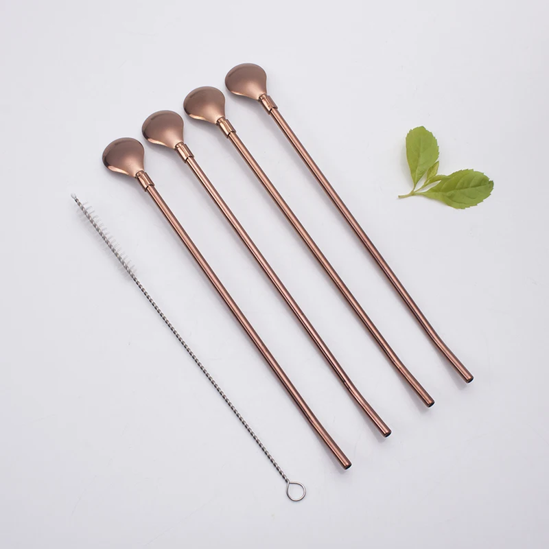 Supplier Hot Sale 2 in 1 long Straw with Spoon High Quantity Bar Accessories Colorful Stainless Steel Metal Straw