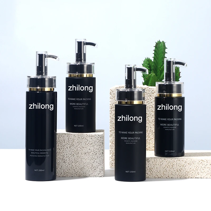 Stock 100ml 200ml 300ml Environmentally friendly PET luxury round black shampoo shower gel bottle Body lotion plastic bottle