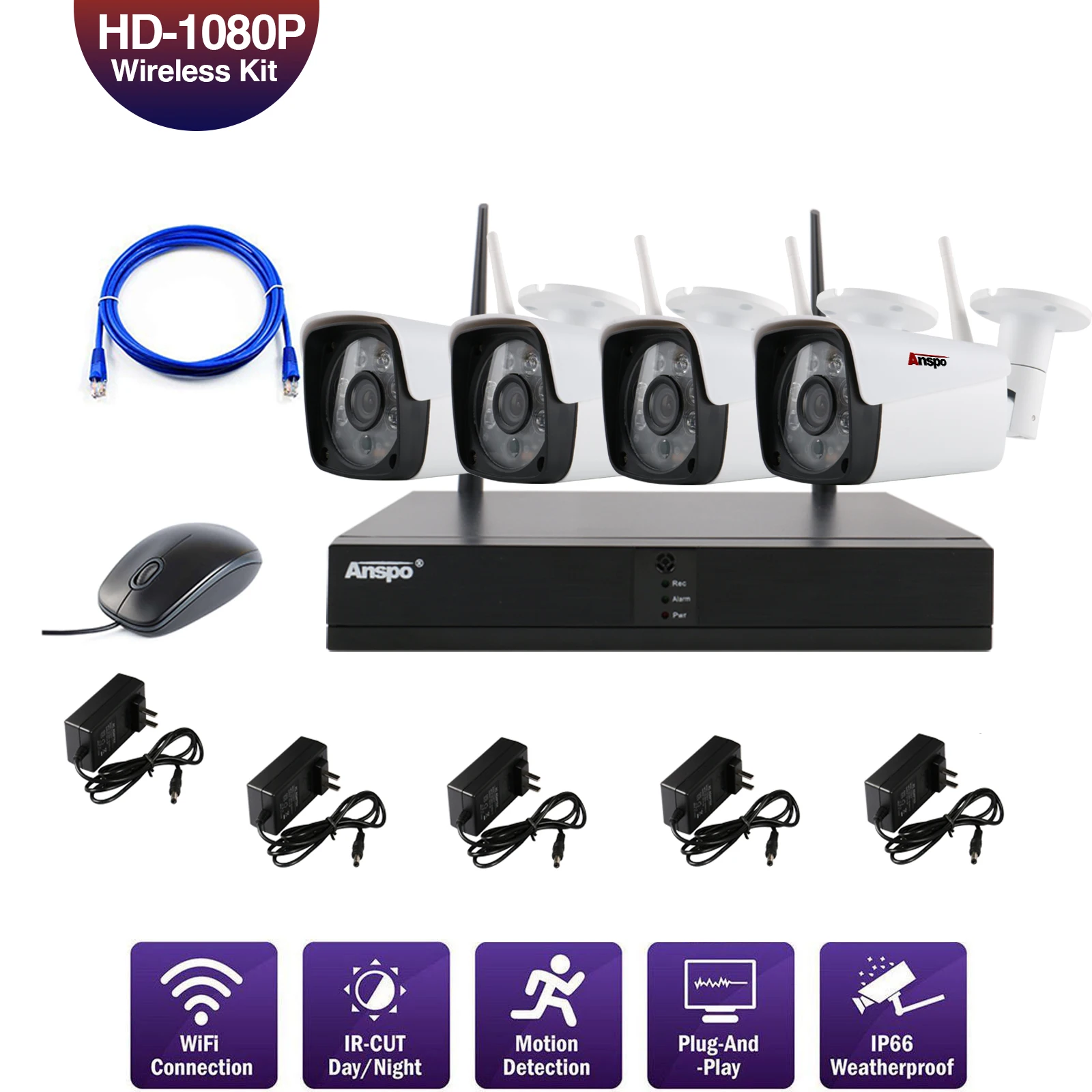 Anspo  CCTV Security Camera System 4CH 2MP 1080Ap HD Surveillance Wifi NVR  Wireless  wifi bullet IP67 waterproof network camera