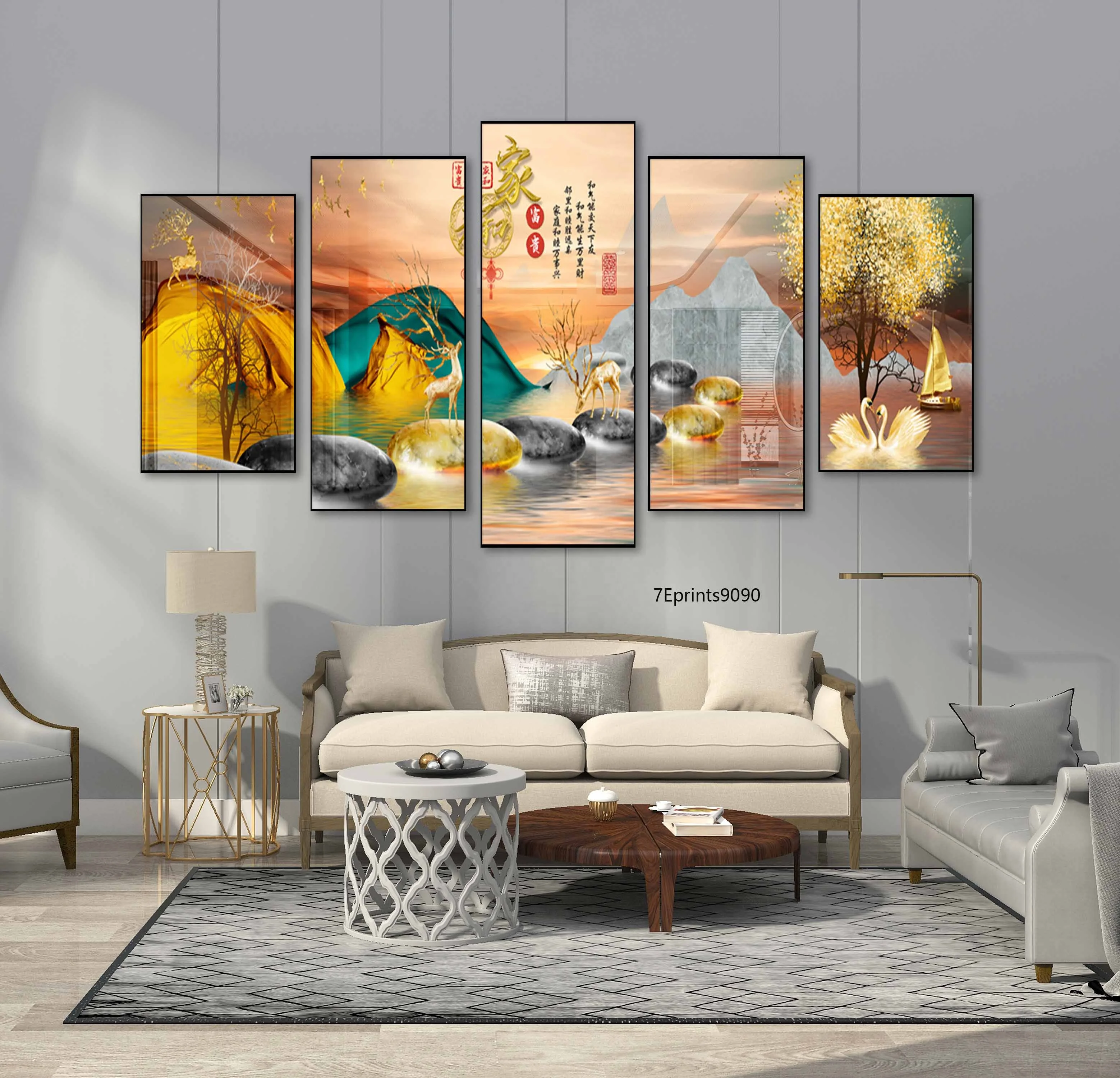 Popular High Quality 5 Panel Crystal Porcelain Painting Hd Printed Asian style Decorative For Living Room And Office Decor