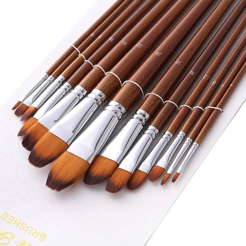 13 Pcs Nylon Hair Wood Long Handle Detail Paint Brush Paint Artist Round Filbert Flat Painting Brushes Set for Watercolor