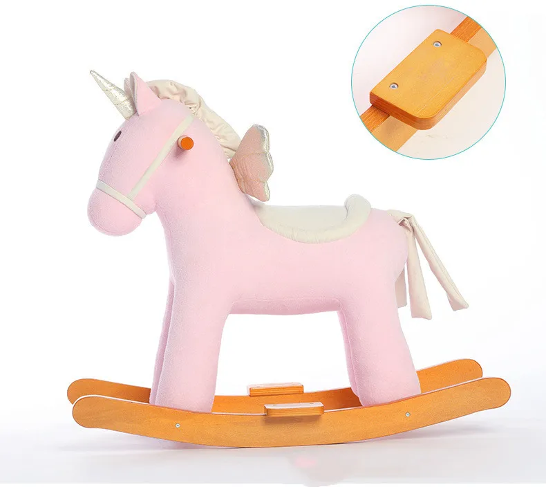 
NO.4321 NEW PINK Deluxe Unicorn Rocking Horse With Saddle on Wooden Rockers, Complete with Sounds 