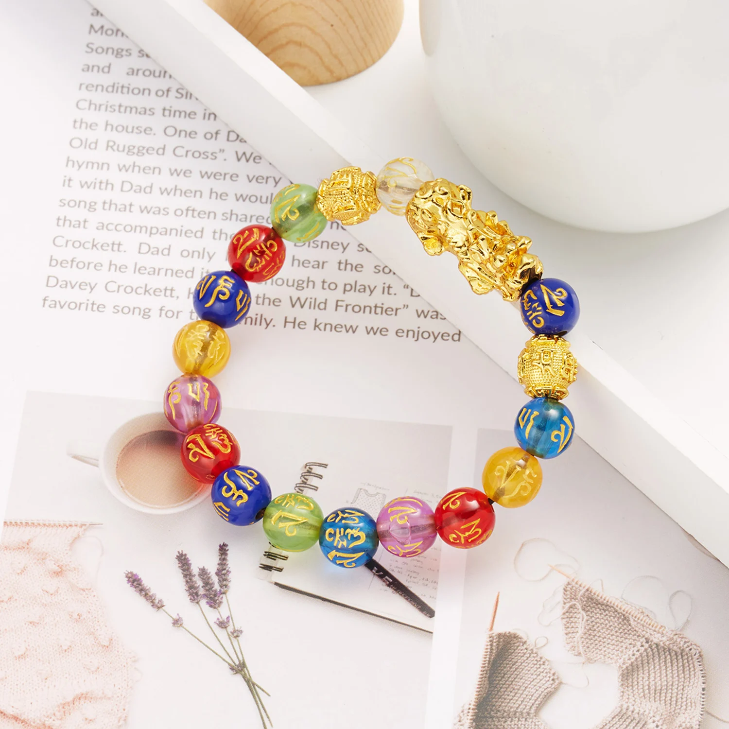 Fashion Golden Pixiu Six-character Mantra Buddhist Bead Bracelet Crystal Evil Lucky Pixiu Feng Shui Bracelet