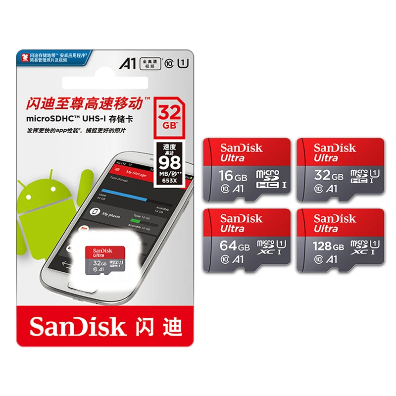 Оптовая продажа оригинальная карта micro sd SanDisk 32 ГБ 64 128 флеш-карта TF SD-карты A1 Ultra Class 10 / U3 A2