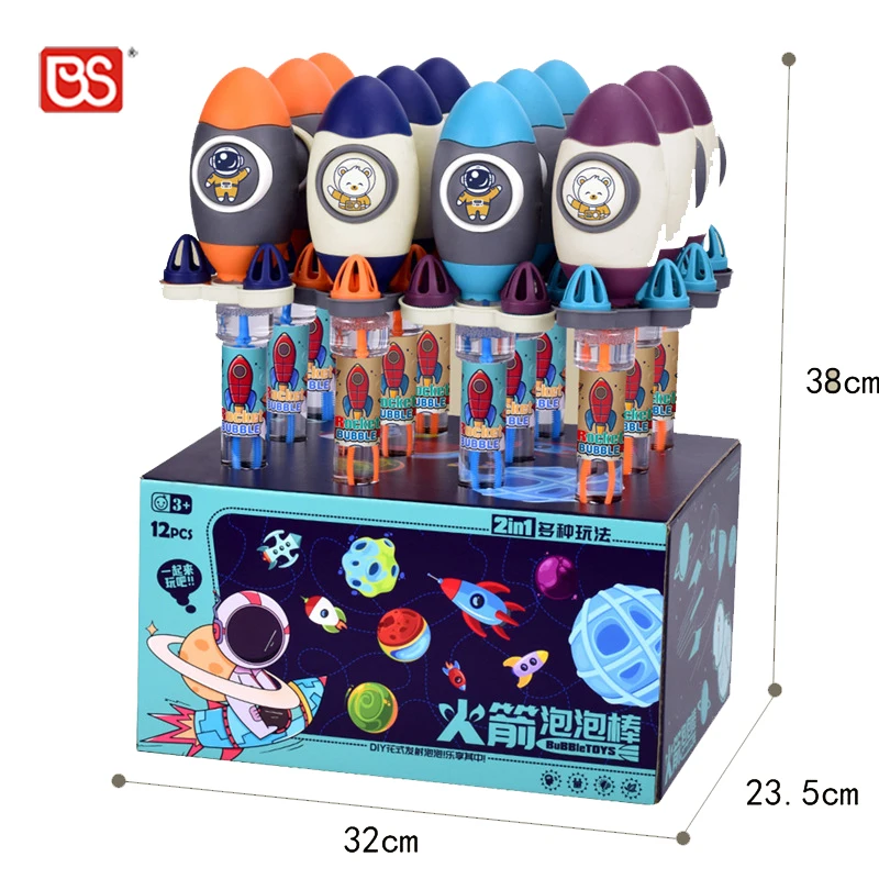 BS Toy 12Pcs 32CM 2 IN 1 Outdoor Space Rocket Shapes Giant Bubble Wand Kids Emo ji Bubble Blower Stick With 140ML Bottle
