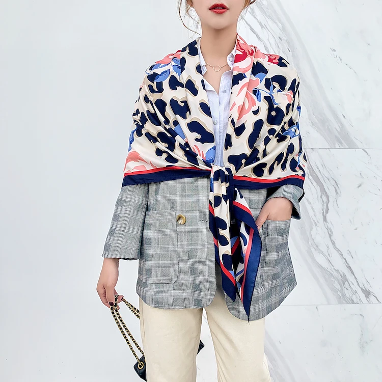
wholesale floral printed 130cm square silk tourist lady girl women gift present shawl scarf for all season 