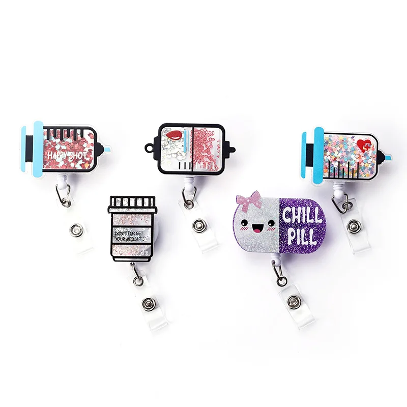 Bulk medical office supply funny badge reels retractable custom shaker glitter acrylic badge reels holder for nurse accessories