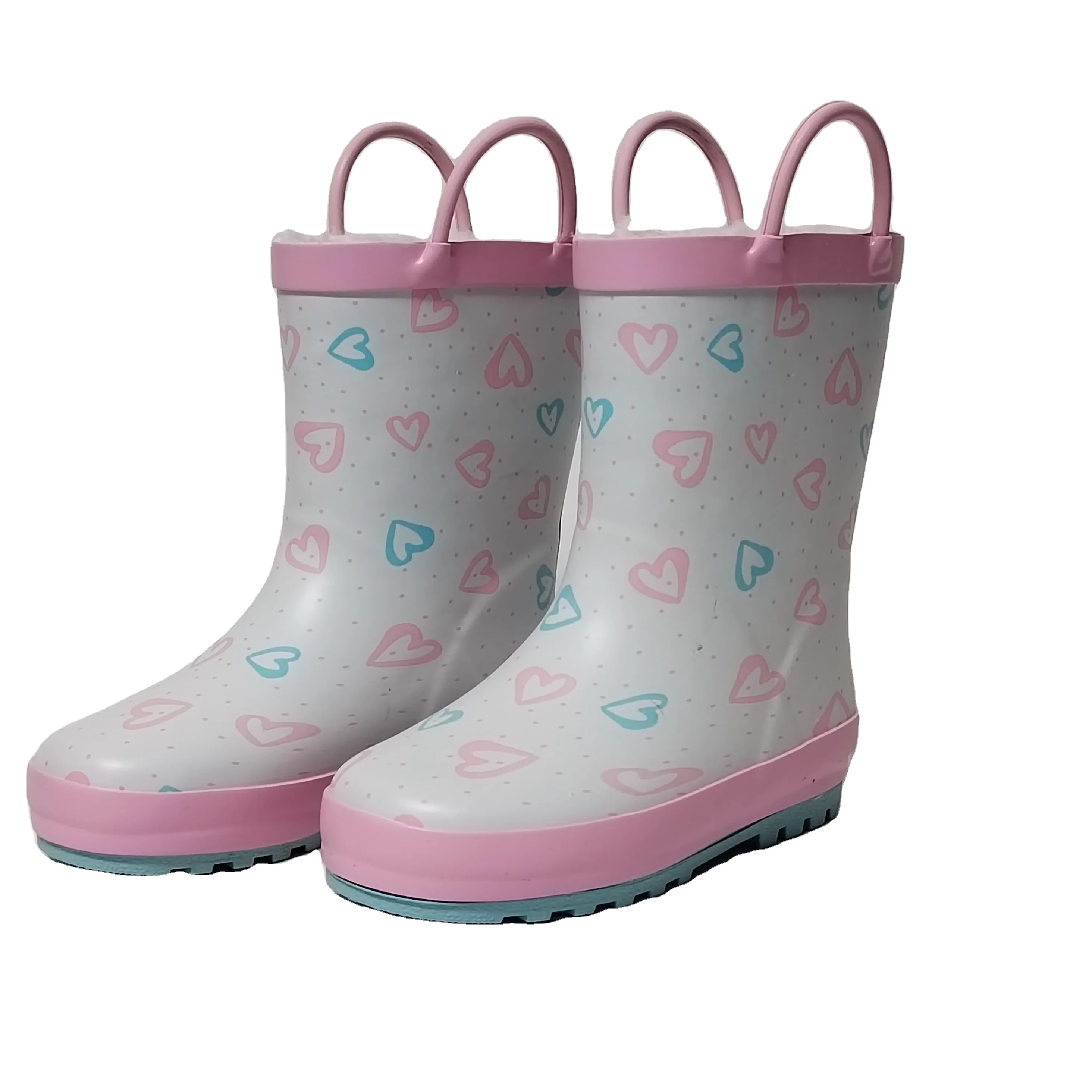 the latest design heart printed polar fleece lining rubber rain boots for Children Kids