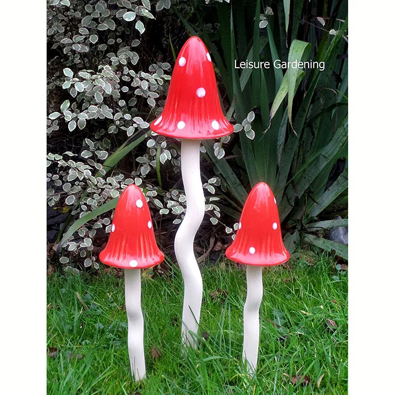 Ceramic Tinkling Toadstool Stake Polka Dot Red Garden Mushroom Ornament