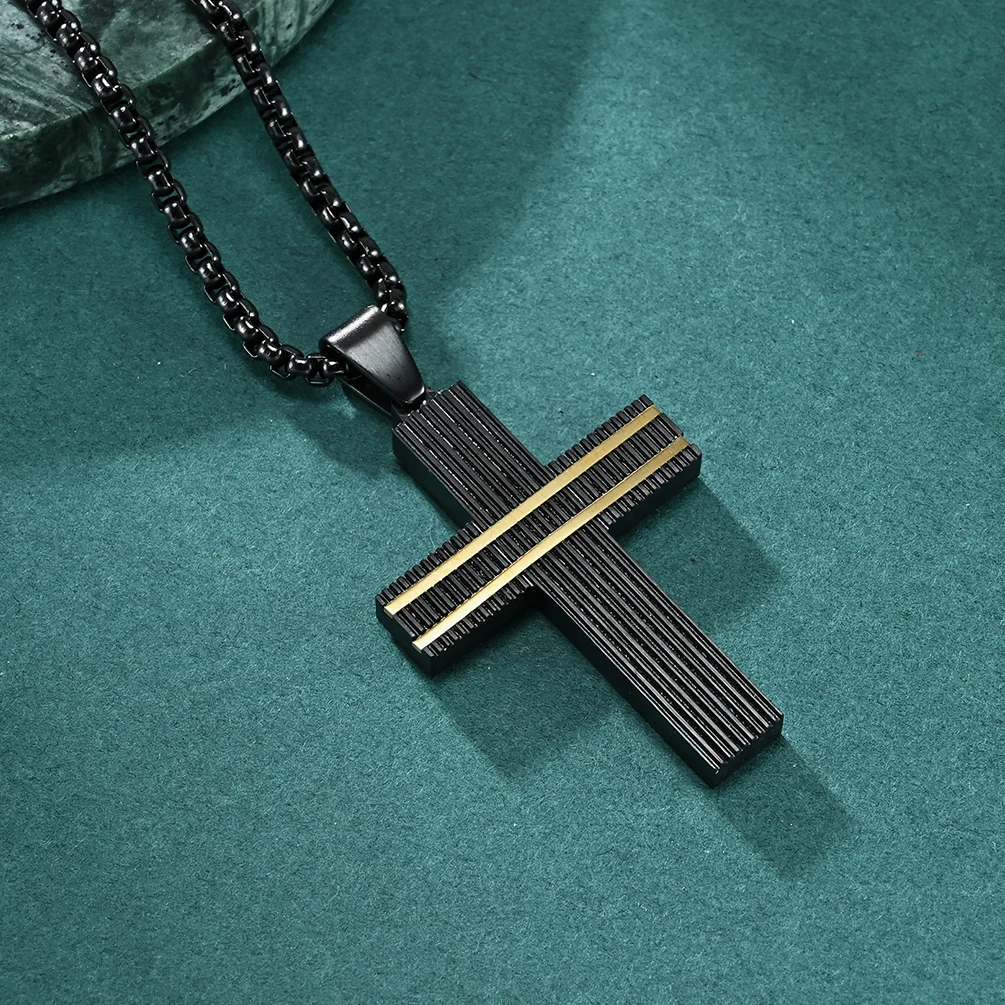 Wholesale Black And Gold Adjustable Box Chains Engraved Brushed Cross Stainless Steel Necklaces Jewelry For Men