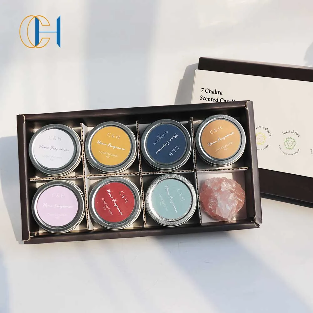 CH Hot Sale 7 Chakra Candles (Set of 7) with Natural Crystals & Mala Beads for Meditation Healing Scented Candles