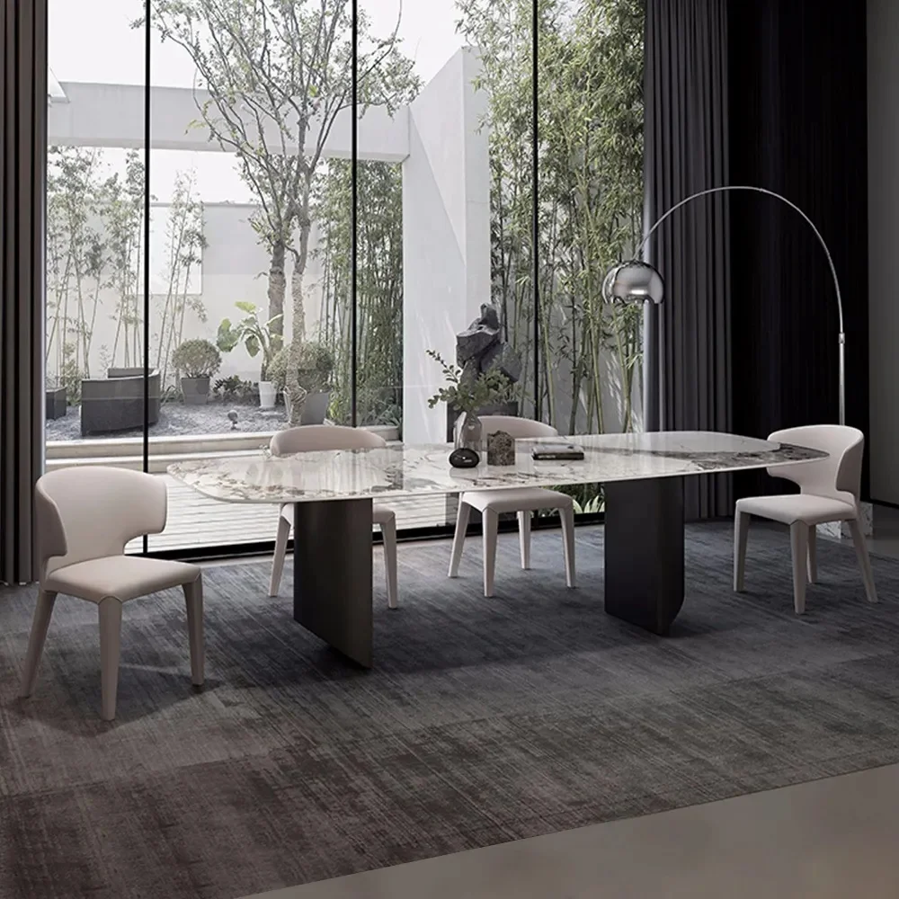 Modern Rectangular Sintered Stone Dining Table with Double Pedestals Table Marble Tables