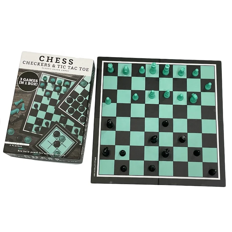 custom design cheap wholesale 3 in 1 box chess board game set educational toy interactive kids family checkers board game
