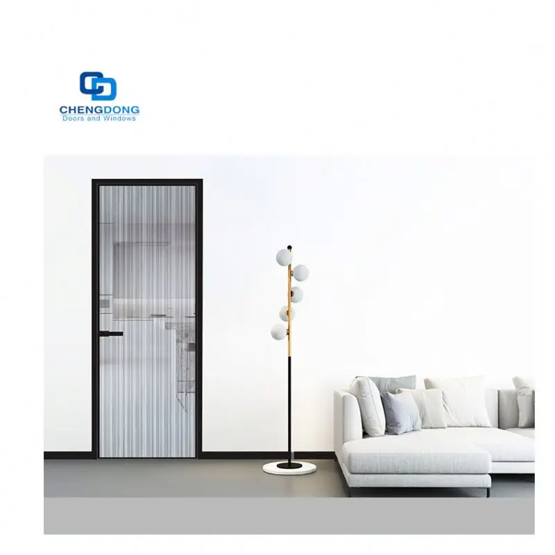 Crittall Modern Black Metal Narrow Frame Interior Stained Glass Aluminum Hinged Swing French Single Door For Office