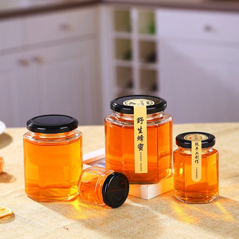 Factory Made Empty Hexagon Honey Jar Glass Food Storage Packaging 180ml 280ml Glass Bee Honey Jars