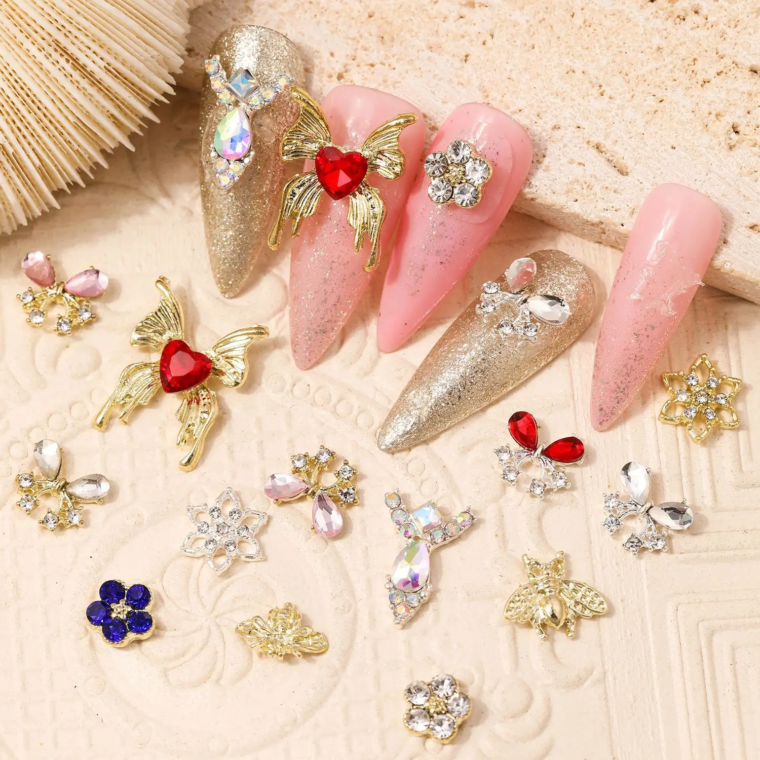 Gold Silver Butterfly Alloy Nail Charms 3D Rhinestone Nails Jewelry DIY Luxury Butterfly flower jewelry false nail jewelry