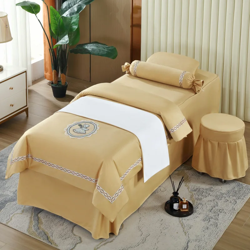 100% Cotton Solid Color Massage Bedding Sets Quilted Bed Cover /facial Spa Luxury Bed Linen Bedding Set/beauty Salon Four Pieces