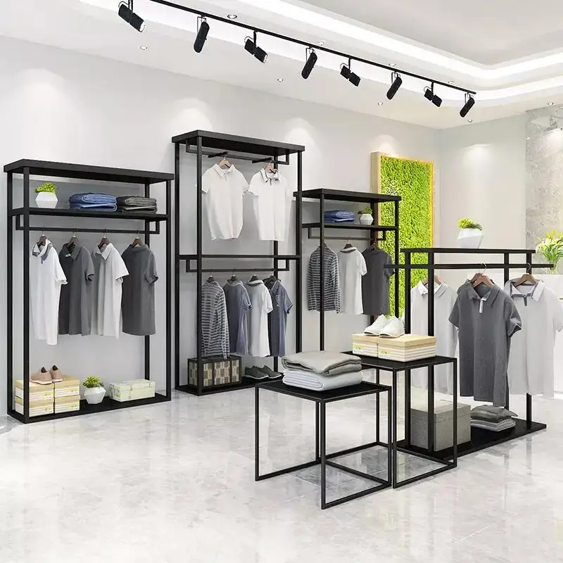 Black Retail Gold Boutique Metal Garment Clothing Racks Heavy Duty With Shelf For Clothing Store Shops Fittings and Display