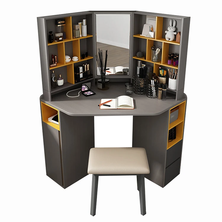 
high quality living room corner make up vanity wood corner dressing table with stool and triple mirror 