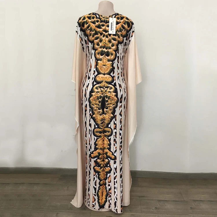 
African Digital Printed Leopard Dot Stripe V Neck Slim Ruffle Long Sleeve Rhinestone Top Skirt Dashiki Dress Kaftan 