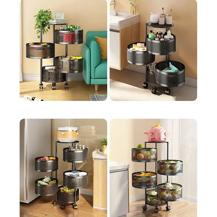 Kitchen Storage Rack 2/3/4/5 Tier Rack Rotatable Storage Vegetable Basket 360 Degree Rotating Baskets Rack With Wheels