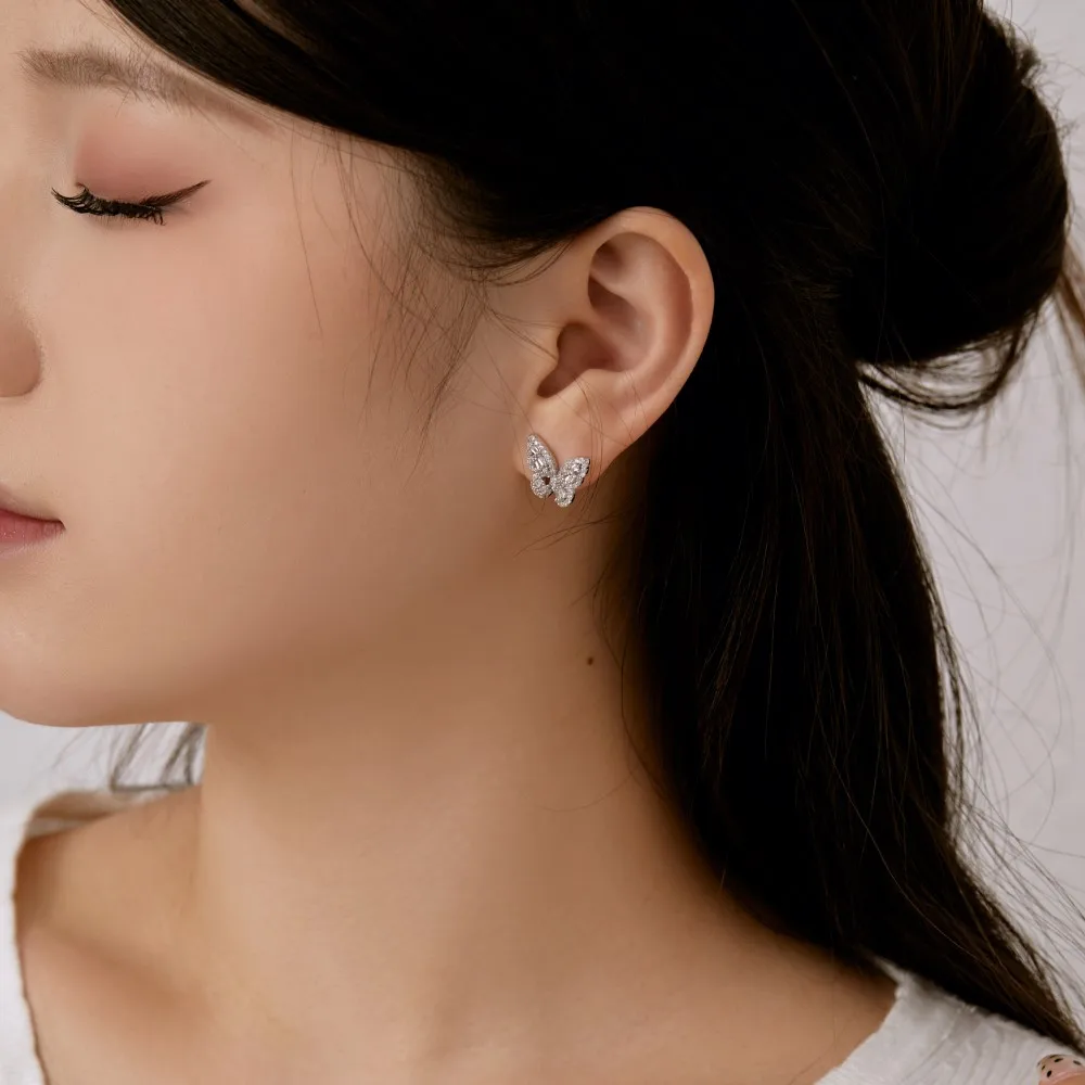 Dylam Stylish Tine Design 925 Sterling Silver Rhodium Plated 5A Cubic Zirconia Diamond Butterfly Shape Stud Earrings for Women