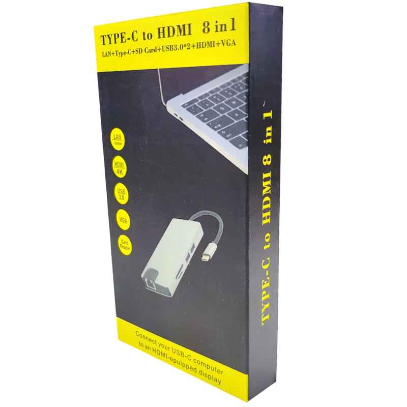 Laptop docking station 8 in 1 usb c to lan+type-c+sd+sf+usb3.0+hdtv+vga adapter
