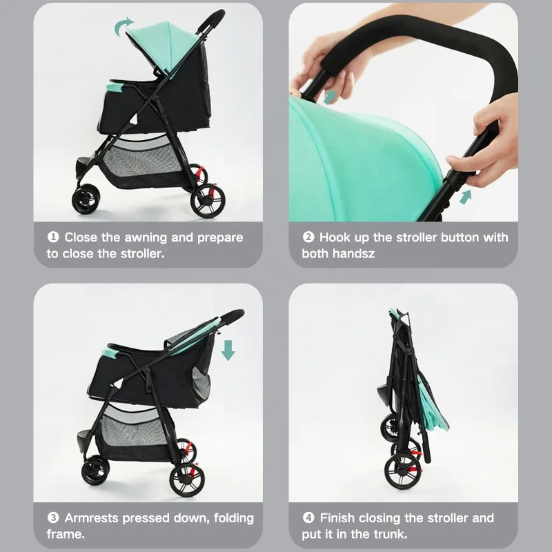 Mint Green Fresh Outdoor Pet Trolley Cart One Hand Folding Storage Bag Pet Dog Stroller for Travel Walk