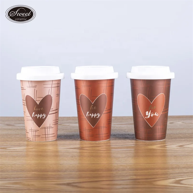 Latest Trending 400ml Custom Coffee Golden Water MoM Dad Gift Mug Ceramic Travel Cups Mugs With Silicone Lid